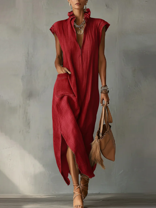 Nerea | Vestido Midi de Lino sin Mangas con Cuello Camisero y Bajo Asimétrico