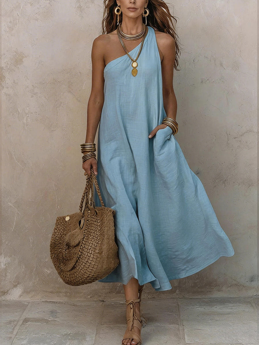 Sofía | Vestido Midi de Lino One-Shoulder con Bolsillos