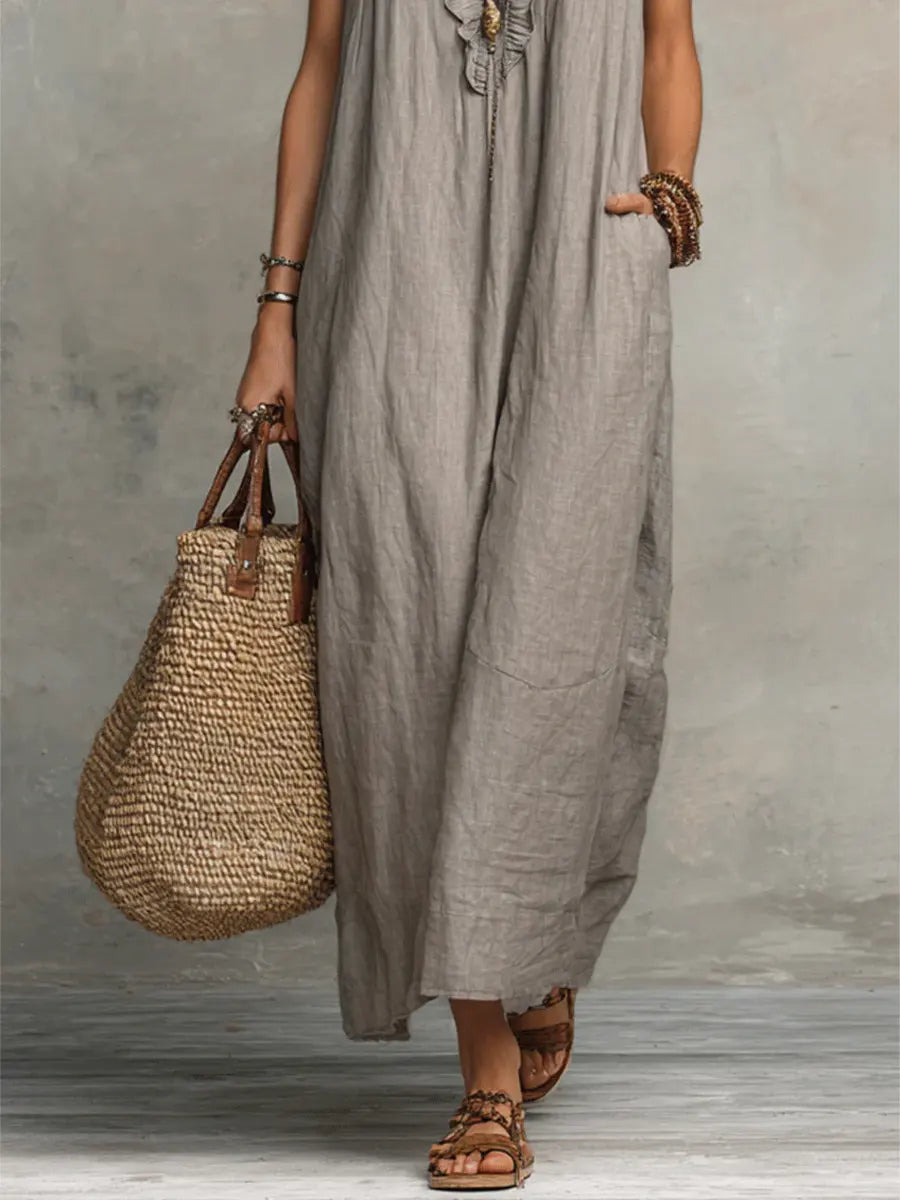 Valeria | Vestido Maxi Camisero de Lino con Manga con Volante y Escote V con Lazo