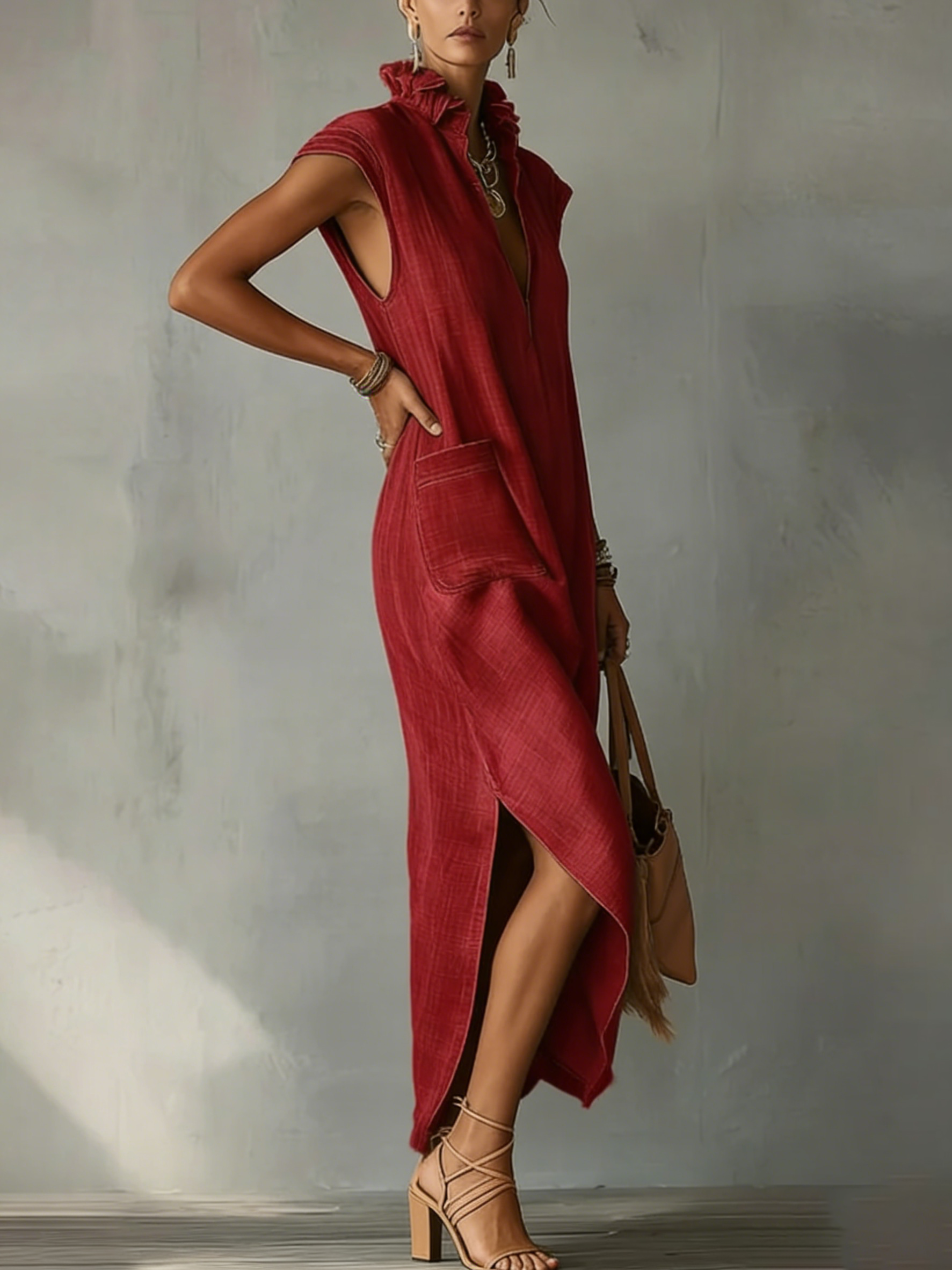 Nerea | Vestido Midi de Lino sin Mangas con Cuello Camisero y Bajo Asimétrico
