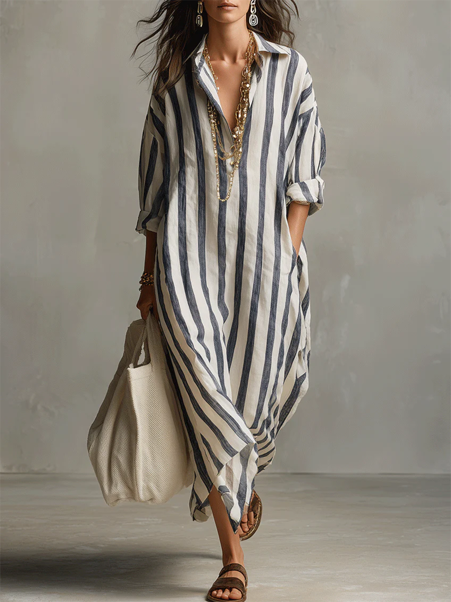 Valeria | Vestido Maxi Camisero de Lino a Rayas con Bajo Asimétrico y Bolsillos
