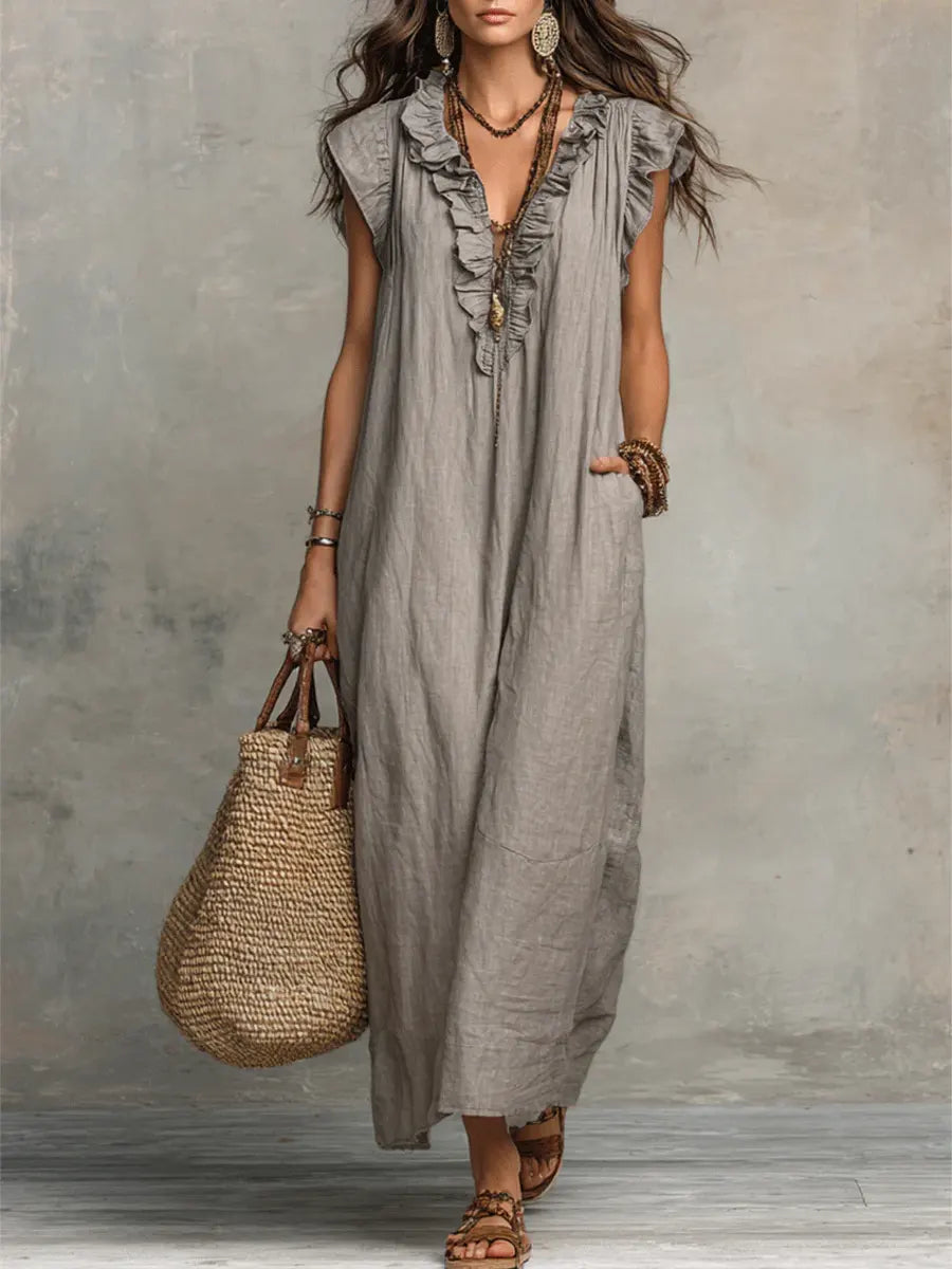 Valeria | Vestido Maxi Camisero de Lino con Manga con Volante y Escote V con Lazo