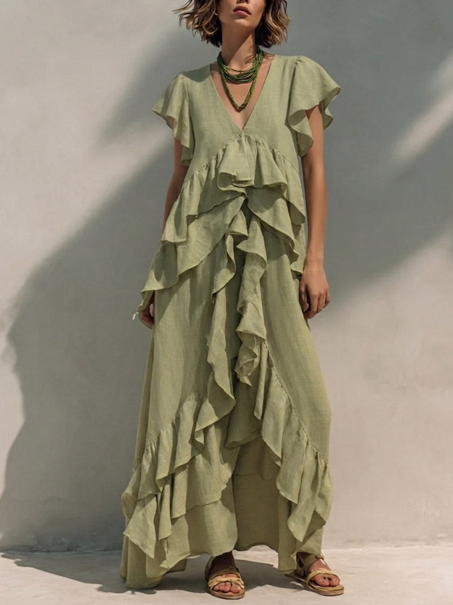 Valeria | Vestido Maxi en Tejido Fluido con Escote en V y Volantes en Capas