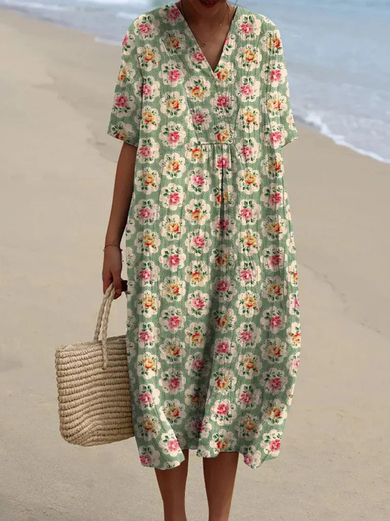 Francisca - Vestido Floral Retro en Verde Agua