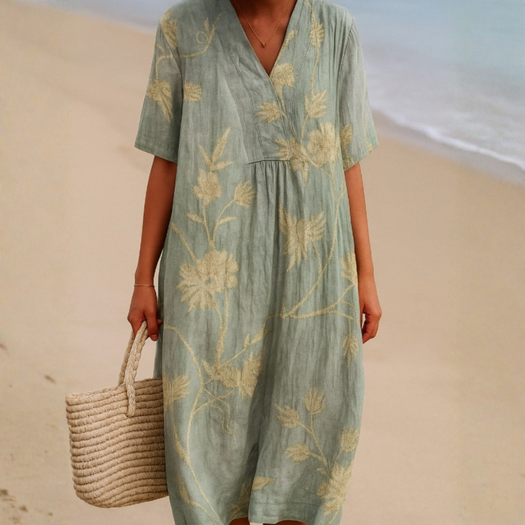 Cristina - Vestido Azul-Gris con Bordado Floral