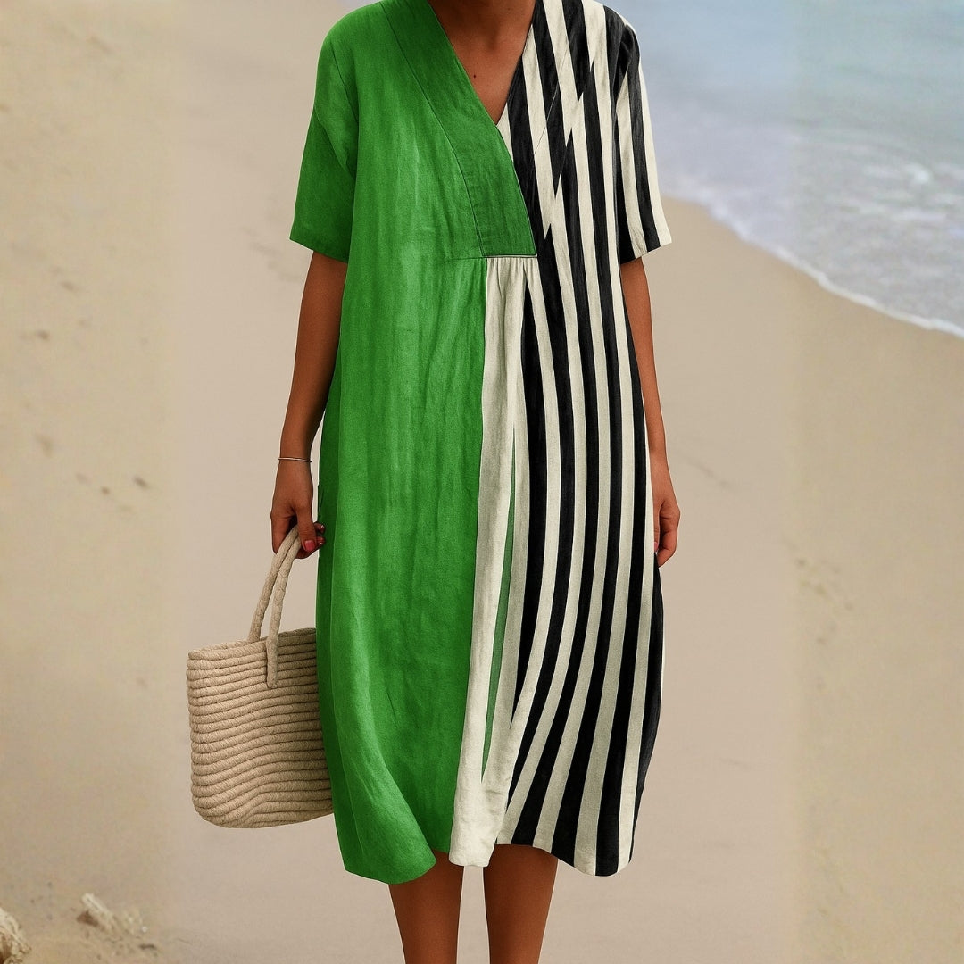 Maribel - Vestido Verde Vibrante con Rayas Negras