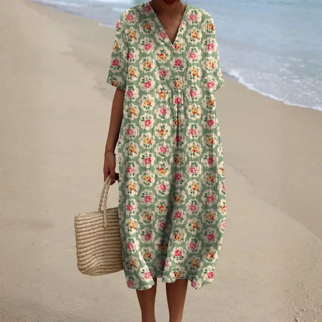 Francisca - Vestido Floral Retro en Verde Agua