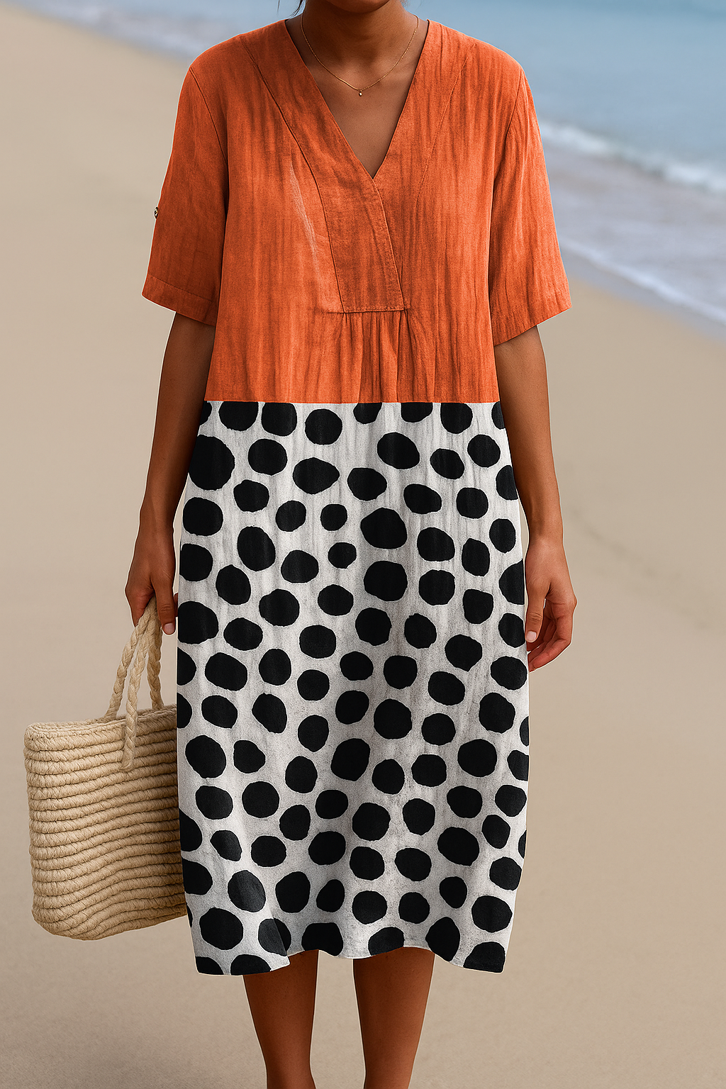 Mercedes - Vestido Naranja con Puntos Contrastantes