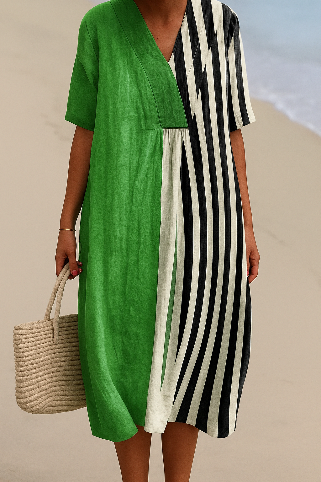 Maribel - Vestido Verde Vibrante con Rayas Negras