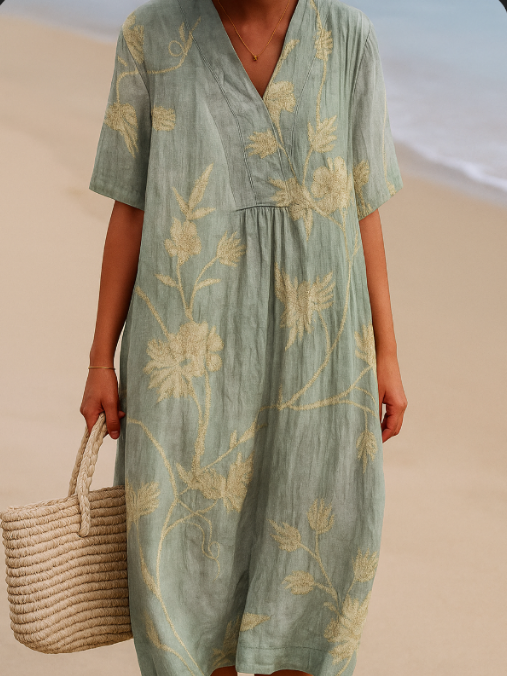 Cristina - Vestido Azul-Gris con Bordado Floral