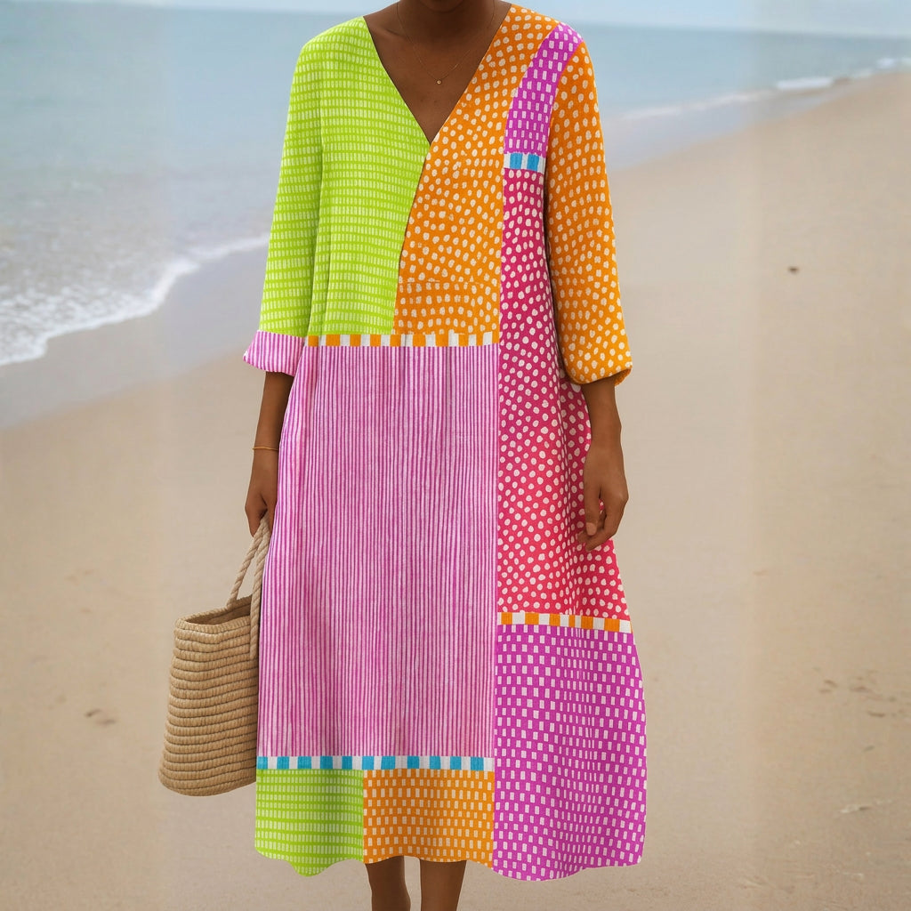 Isabel - Vestido de Patchwork Colorido con Bolitas y Rayas