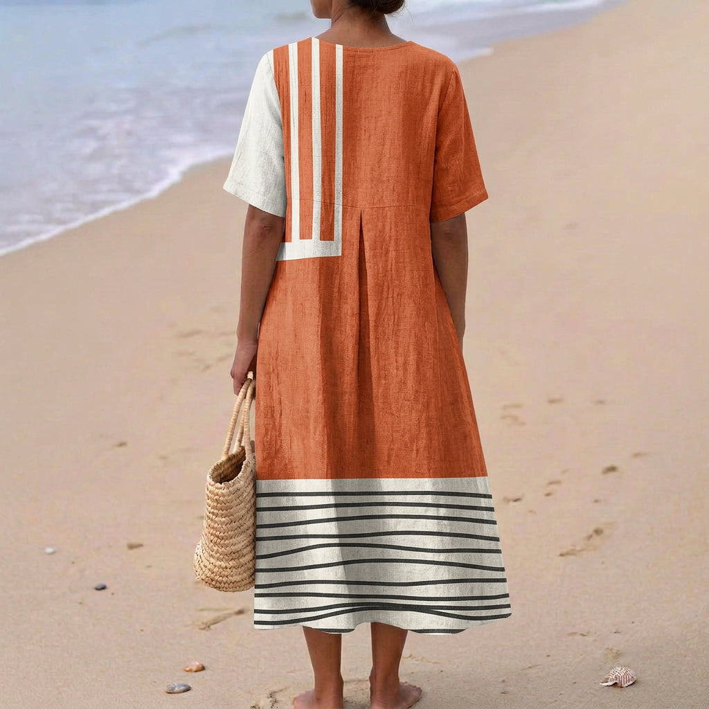Paola - Vestido Terracota con Rayas Gráficas