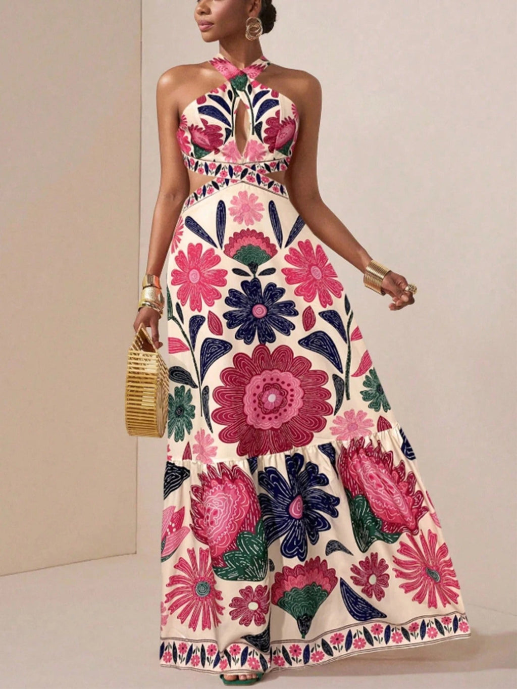 Isabel | Vestido Maxi Halter con Estampado Floral Folk y Cut-Out en la Cintura