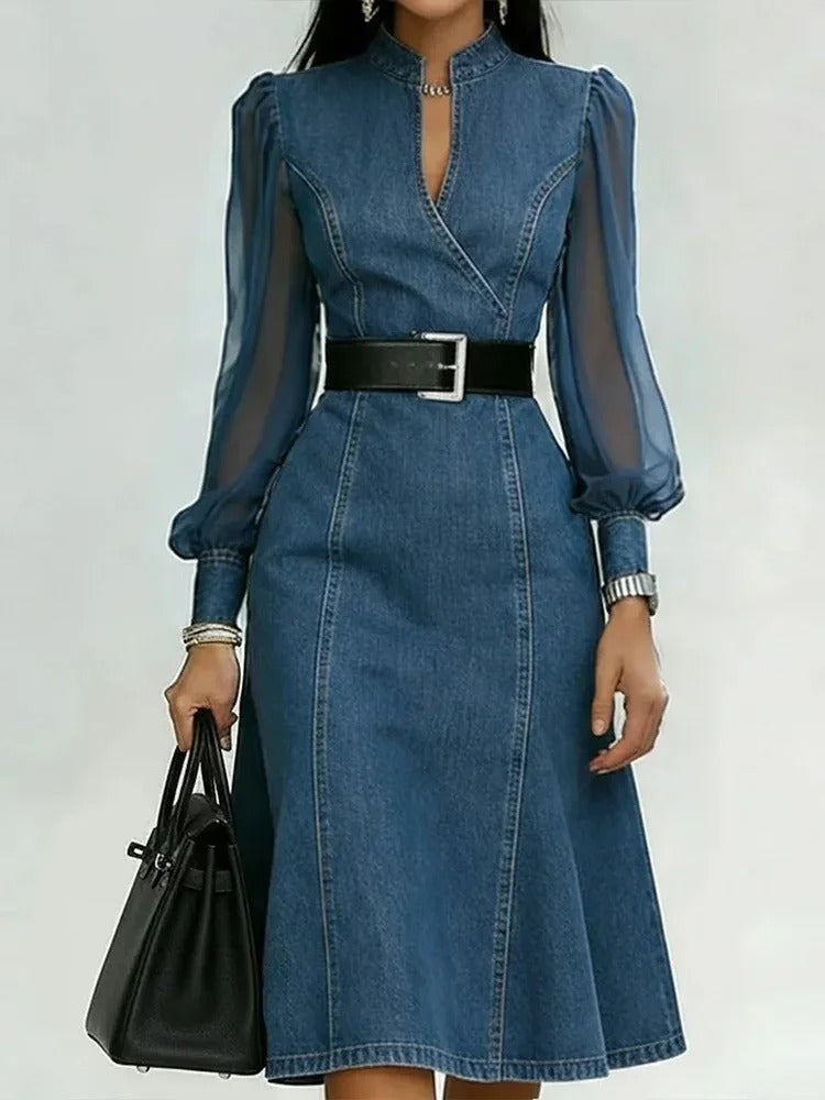 Elena | Vestido Midi Vaquero con Mangas de Tul y Cinturón Negro