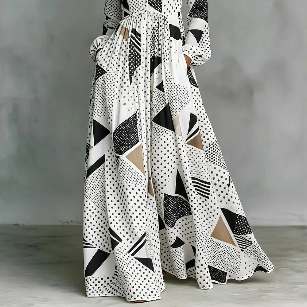 Isabel | Vestido Maxi Camisero con Estampado Geométrico y Falda Amplia
