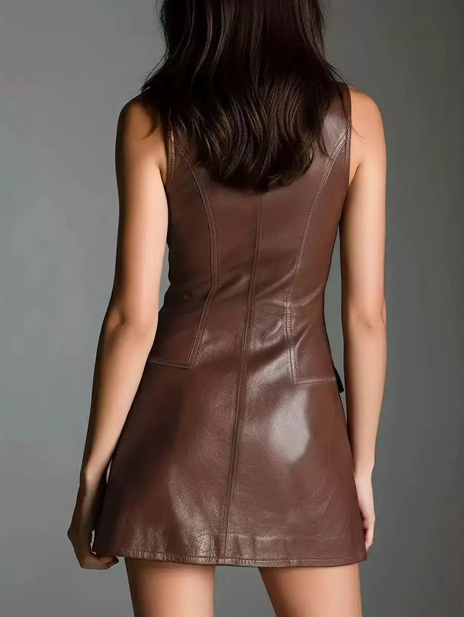 Nerea | Vestido Mini de Piel con Cremallera Frontal y Bolsillos