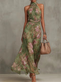 Isabel | Vestido Maxi Floral en Chiffon con Escote Halter Drapeado y Cintura Definida