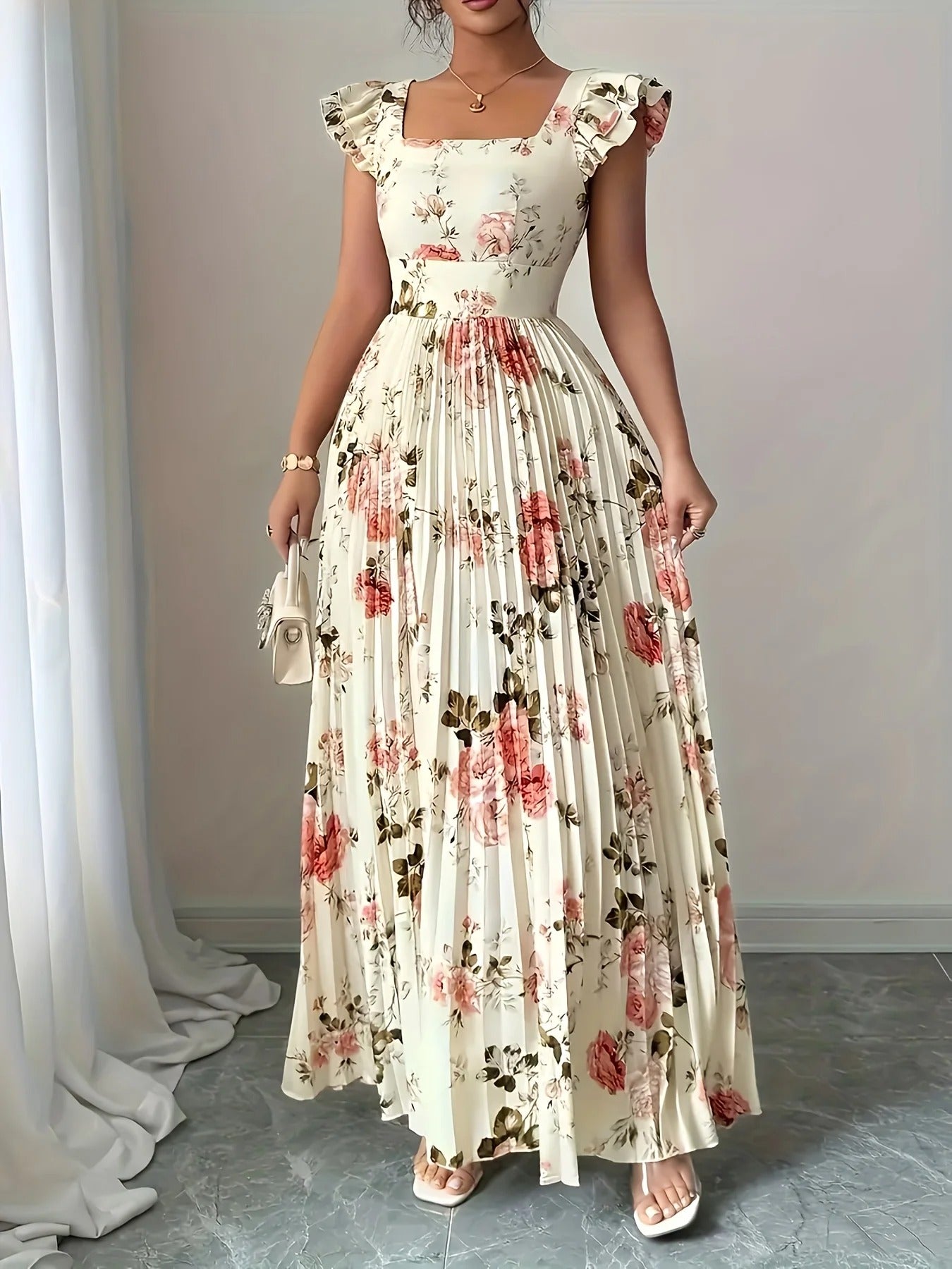 Carmen | Vestido Maxi Floral con Manga Mariposa, Escote Cuadrado y Falda Plisada