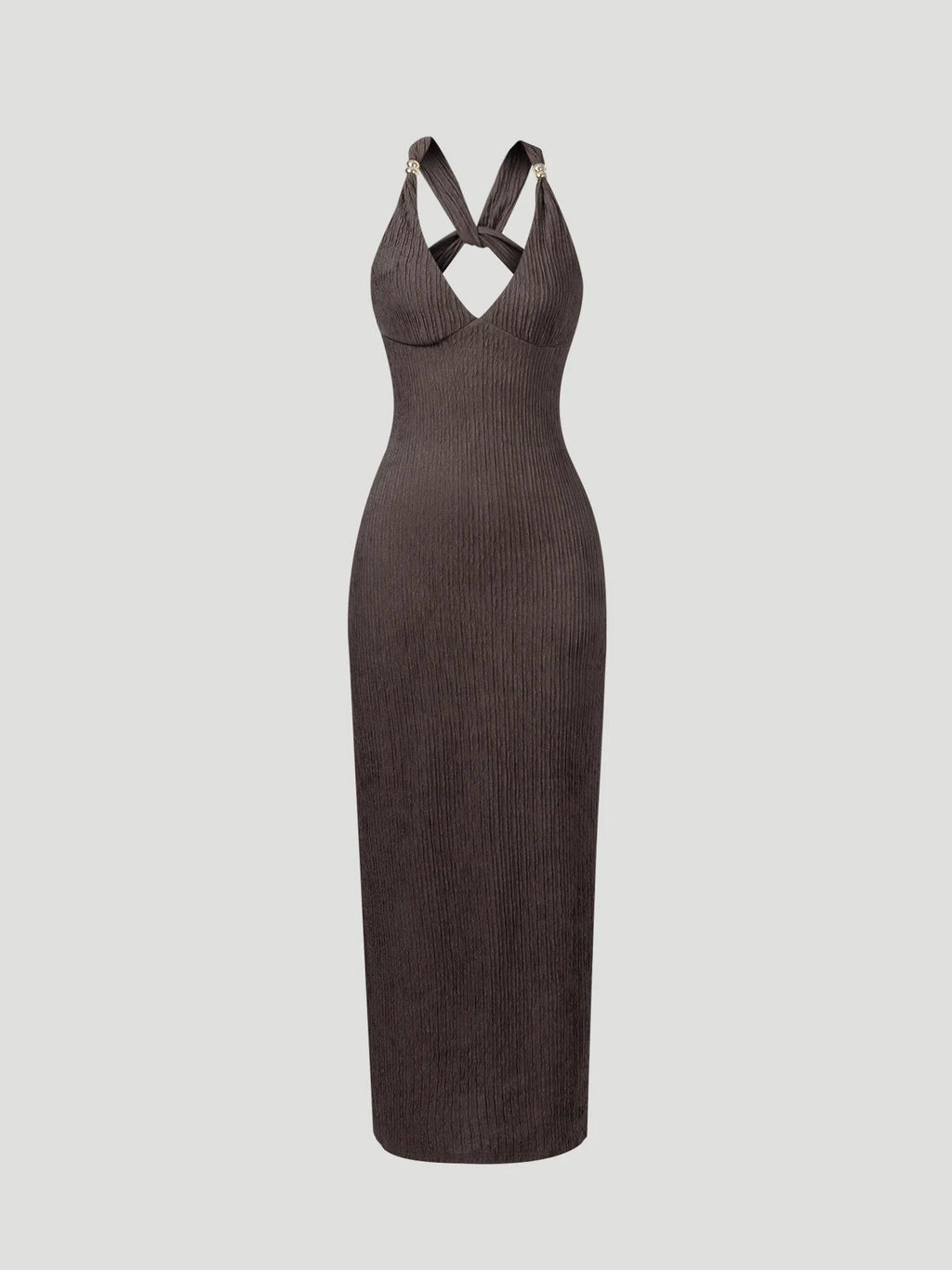 Lucía | Vestido Maxi Ajustado en Marrón con Espalda Abierta y Escote en V