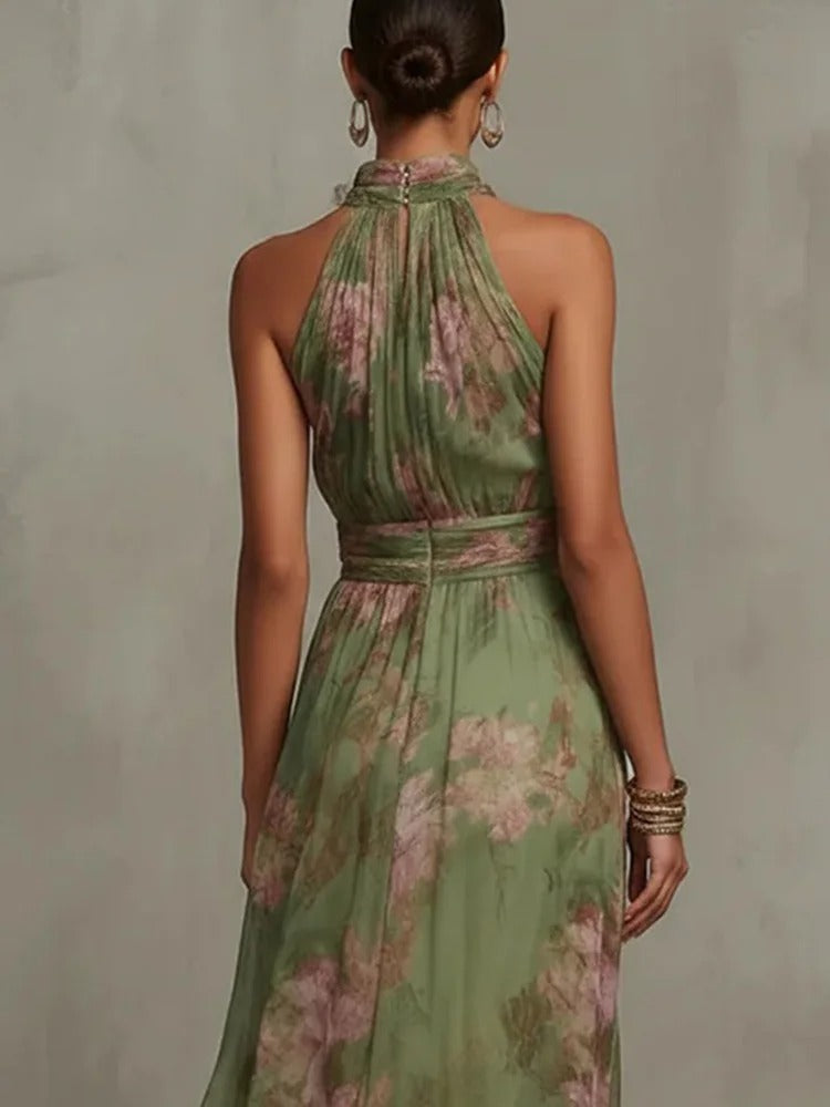 Isabel | Vestido Maxi Floral en Chiffon con Escote Halter Drapeado y Cintura Definida