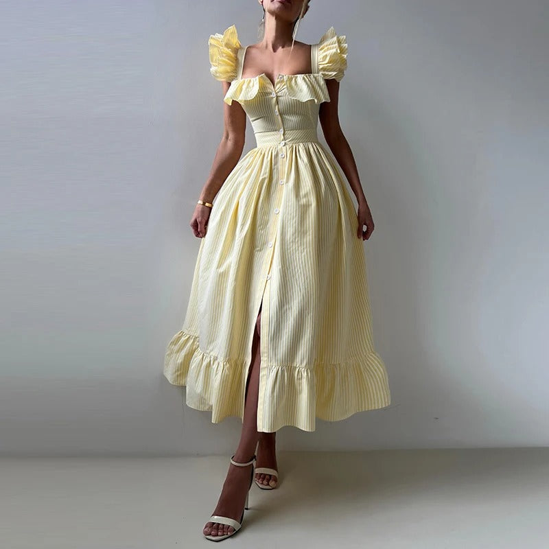 Lucía | Vestido Midi Camisero con Rayas y Mangas Mariposa