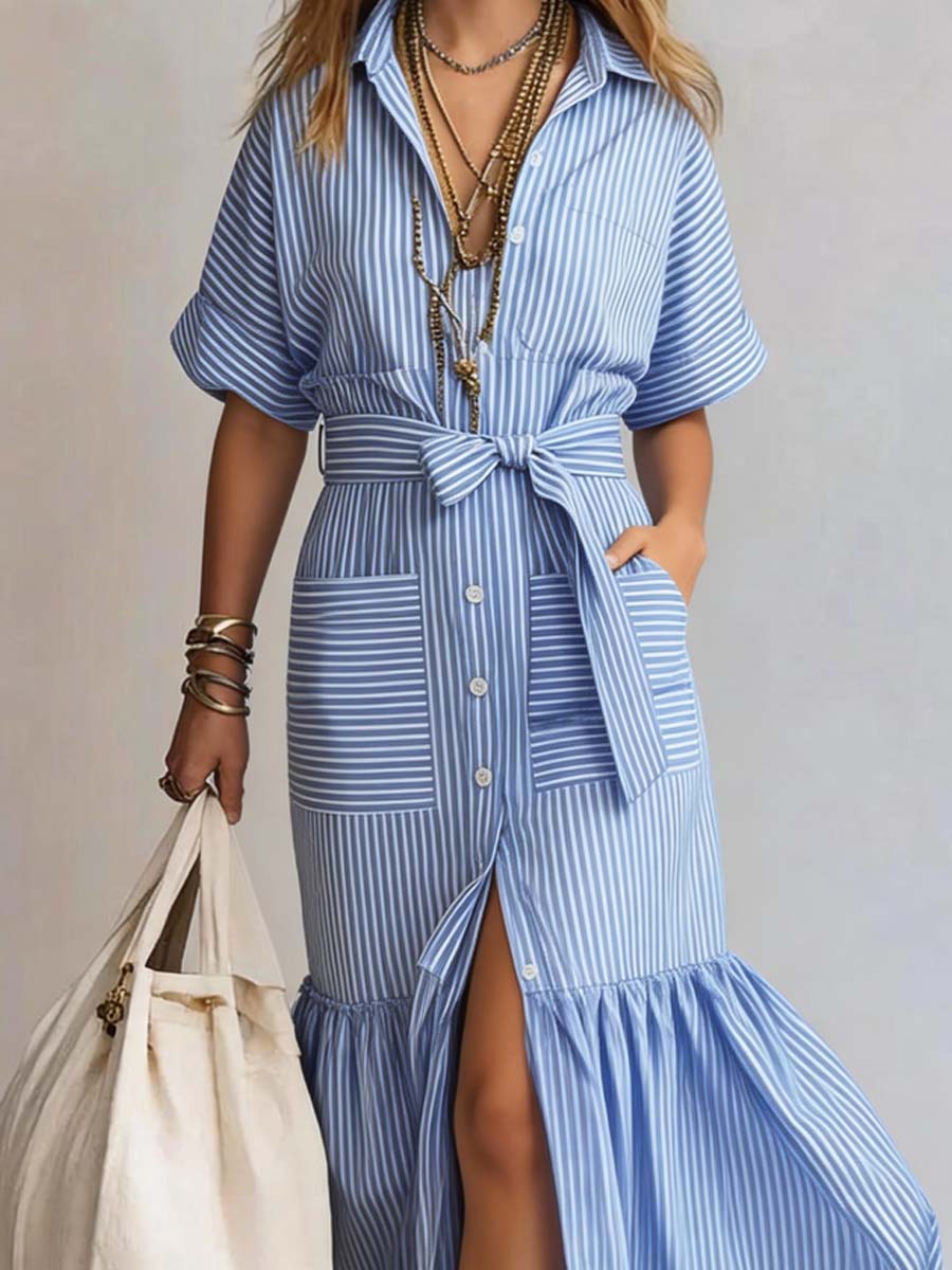 Nerea | Vestido Midi Camisero con Cinturón y Volante en el Bajo
