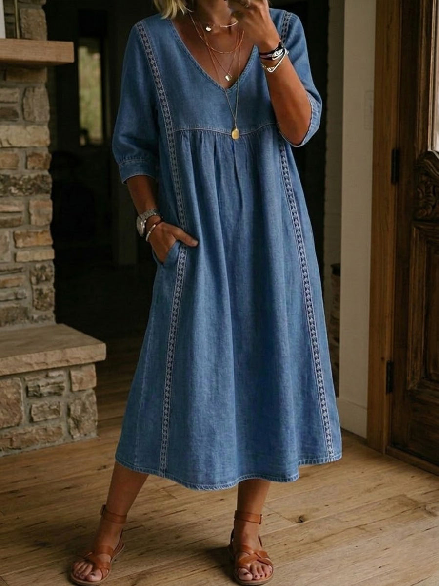 Isabel | Vestido Midi de Lino con Escote V y Corte Trapecio en Azul Denim