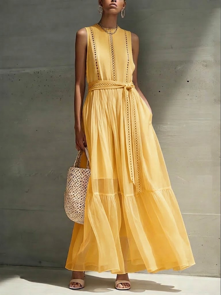 Isabel | Vestido Maxi sin Mangas en Capas con Cintura Marcada