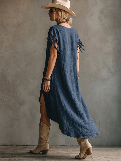 Adriana | Vestido Maxi de Lino con Manga Corta, Bajo Asimétrico y Bolsillos