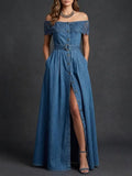 Carmen | Vestido Maxi Denim Off-Shoulder con Abertura Frontal y Botones