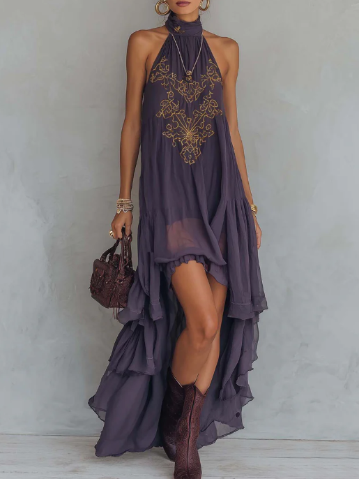 Elena | Vestido Halter con Corpete Bordado y Falda Asimétrica en Chiffon