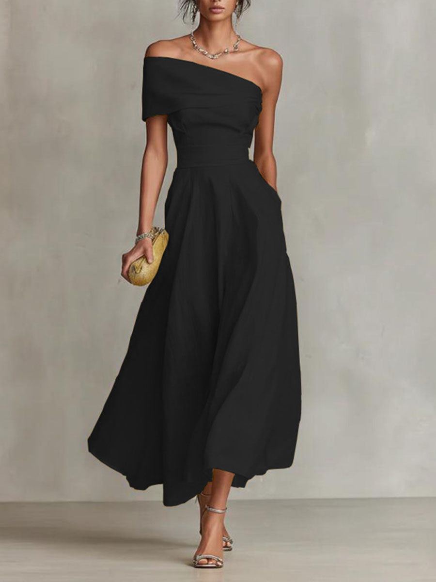 Nerea | Vestido Midi Off-Shoulder con Falda Evasé y Drapeado