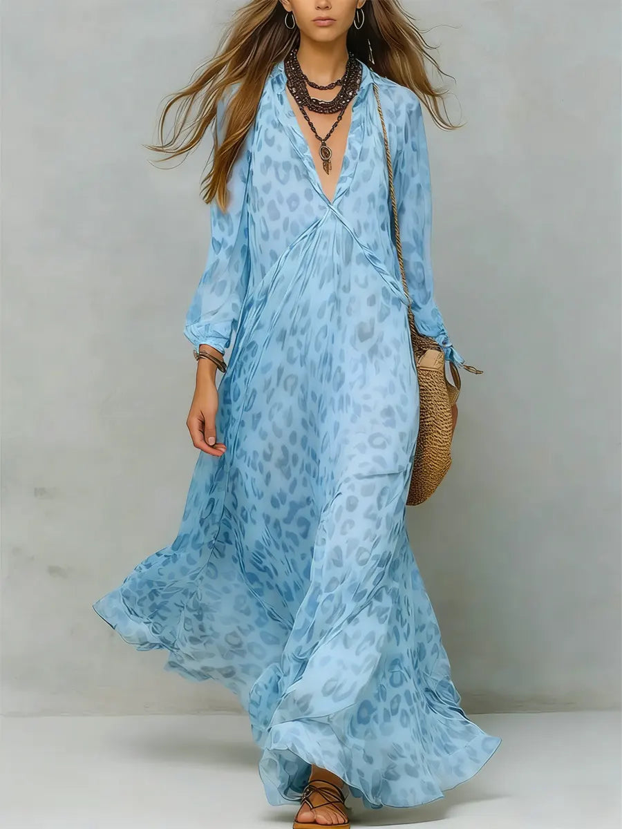 Carmen | Vestido Maxi Fluido con Estampado Animal Print y Escote V Profundo