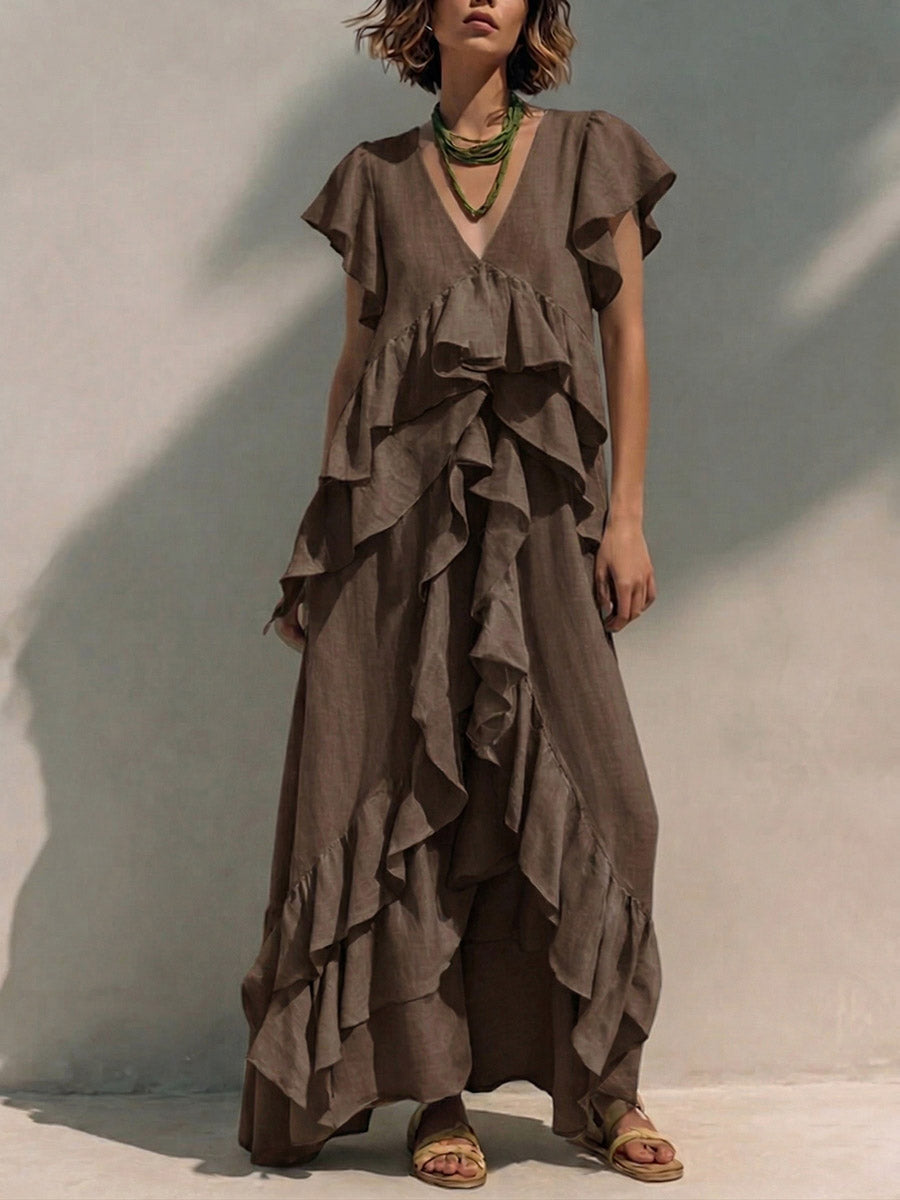 Valeria | Vestido Maxi en Tejido Fluido con Escote en V y Volantes en Capas