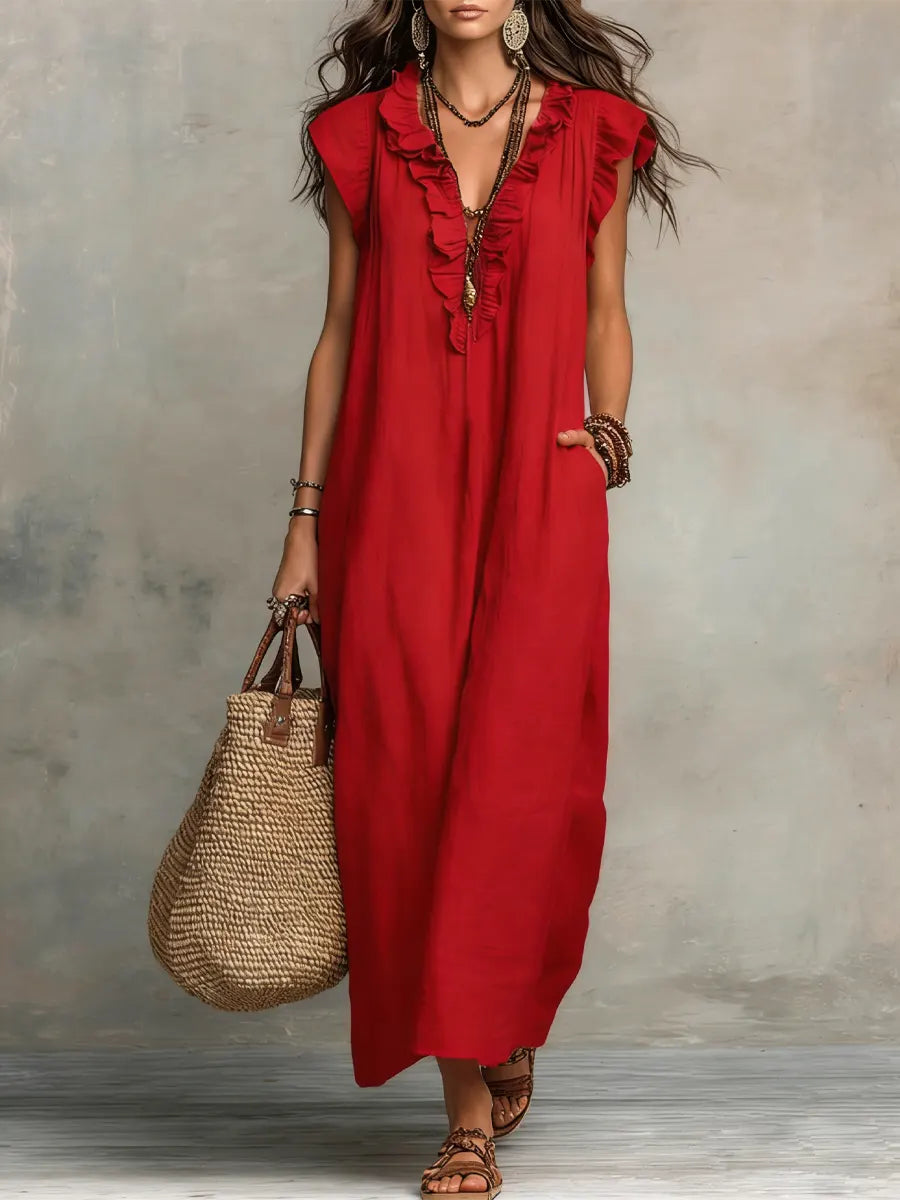 Valeria | Vestido Maxi Camisero de Lino con Manga con Volante y Escote V con Lazo