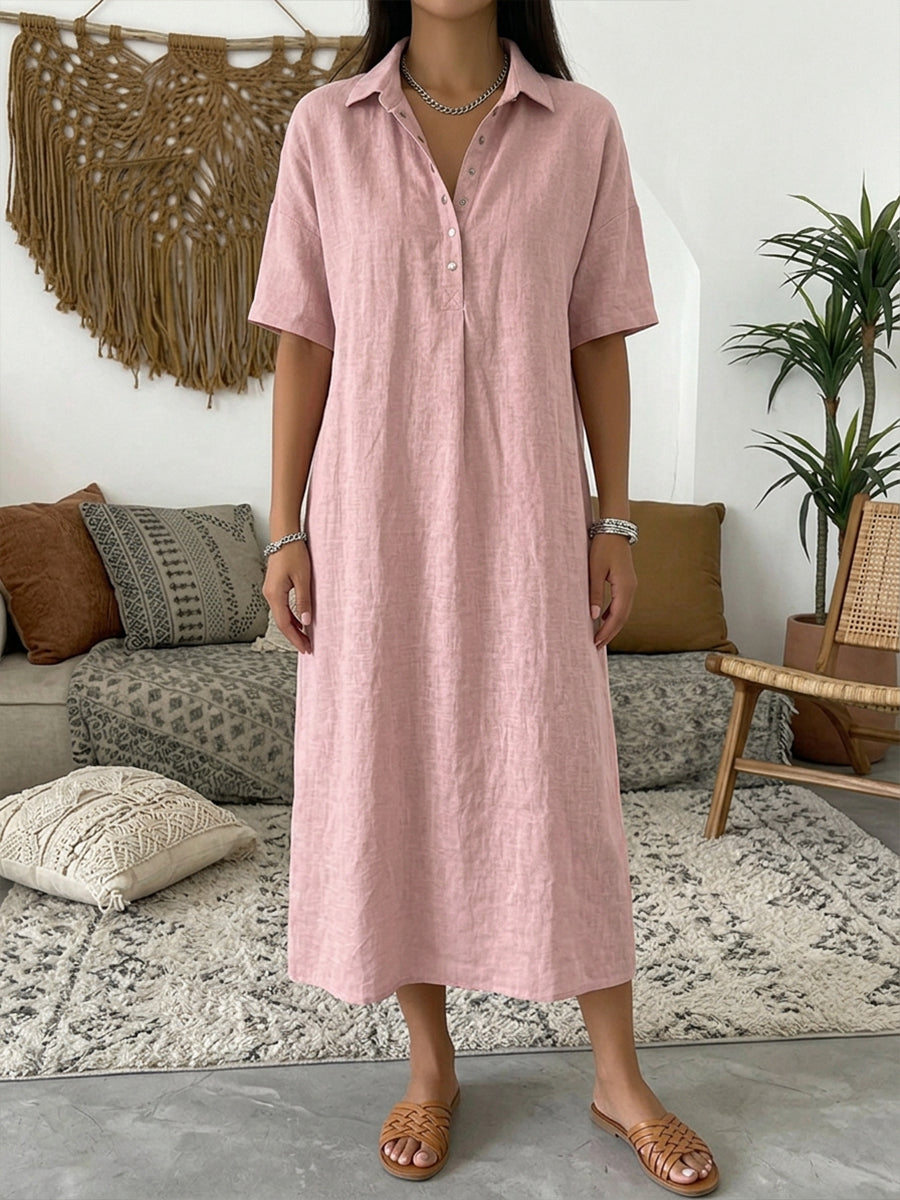 Carmen | Vestido Maxi Camisero de Lino con Manga Corta y Botonadura Frontal