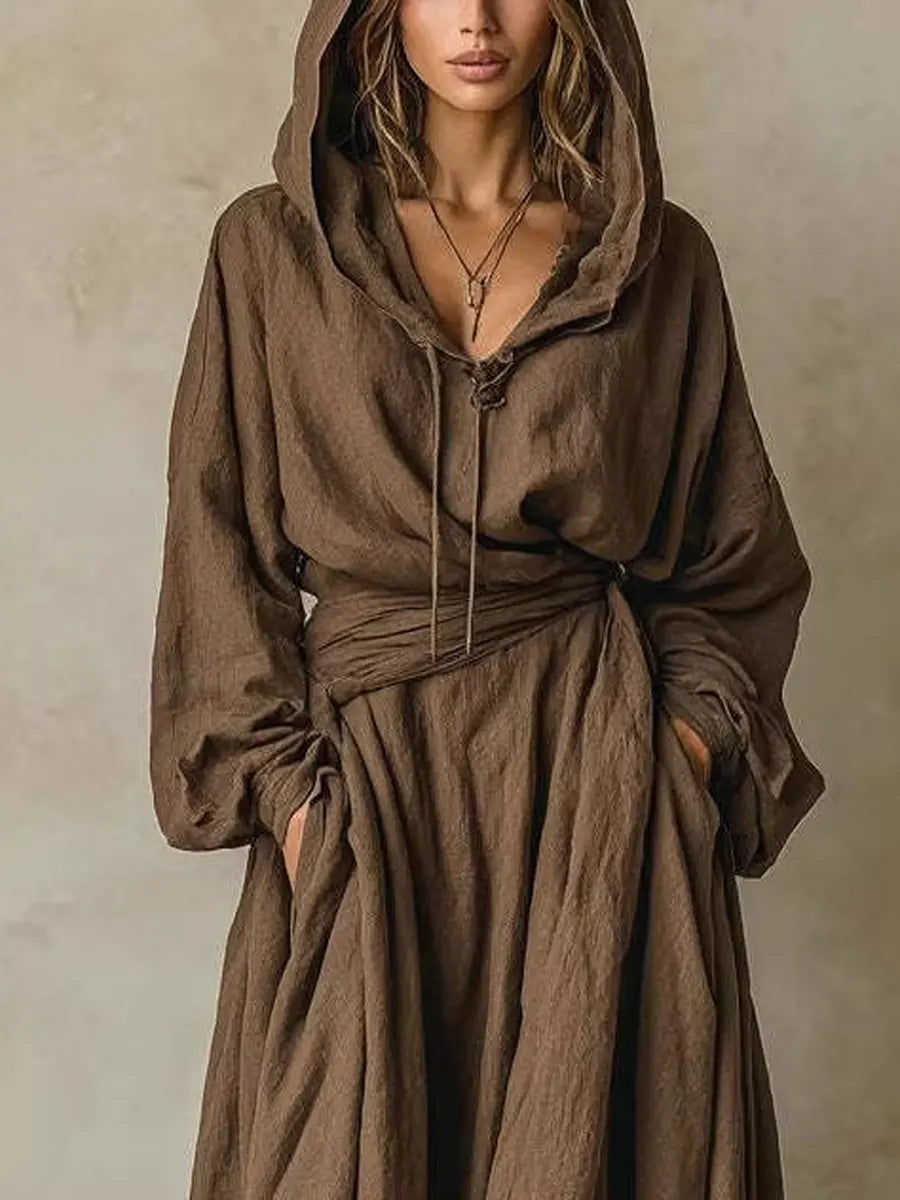Valeria | Vestido Maxi Oversized de Manga Amplia con Cinturón en Marrón