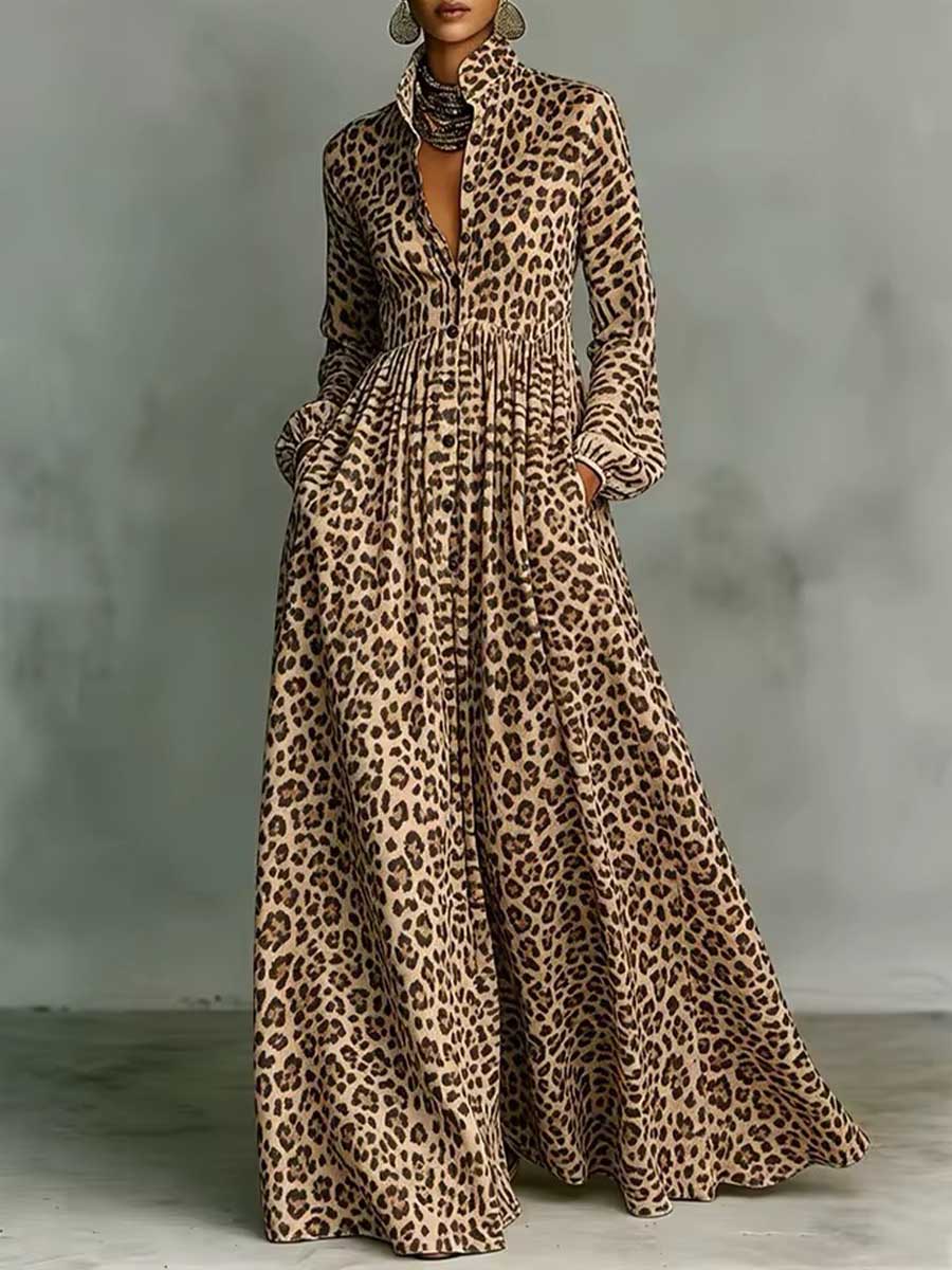 Nerea | Vestido Maxi Camisero de Manga Larga con Falda Amplia y Estampado Animal