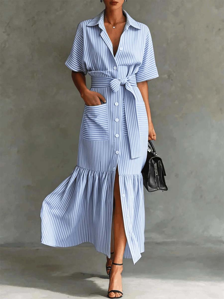 Nerea | Vestido Midi Camisero con Cinturón y Volante en el Bajo