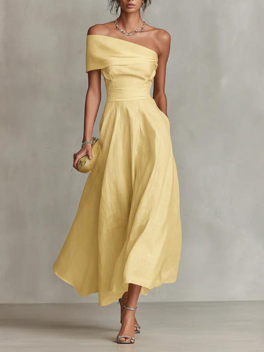 Nerea | Vestido Midi Off-Shoulder con Falda Evasé y Drapeado