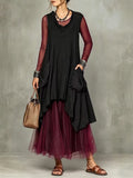 Nerea | Vestido Maxi en Capas con Tul Burdeos y Manga Transparente