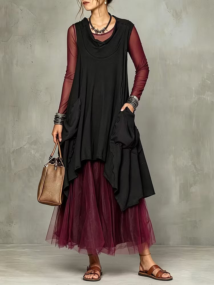 Nerea | Vestido Maxi en Capas con Tul Burdeos y Manga Transparente