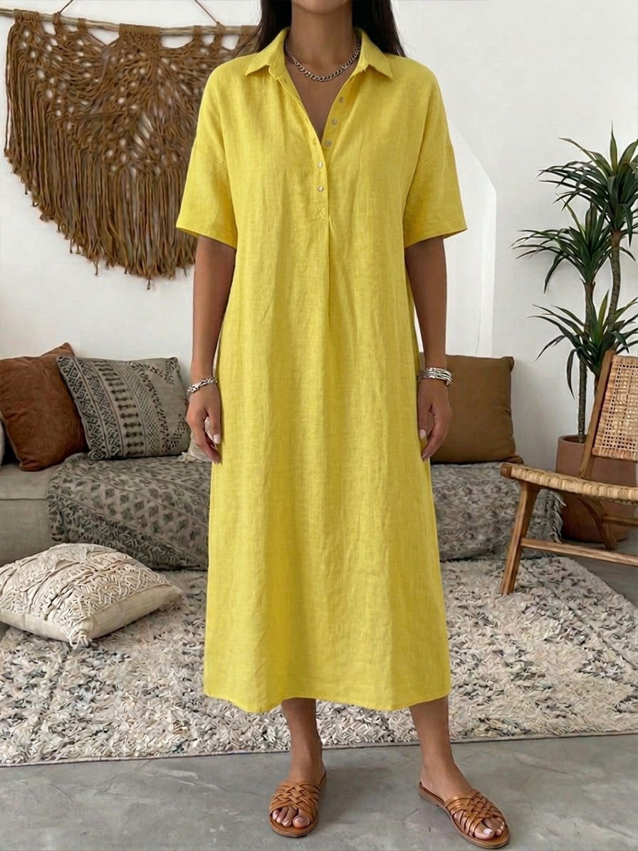 Carmen | Vestido Maxi Camisero de Lino con Manga Corta y Botonadura Frontal