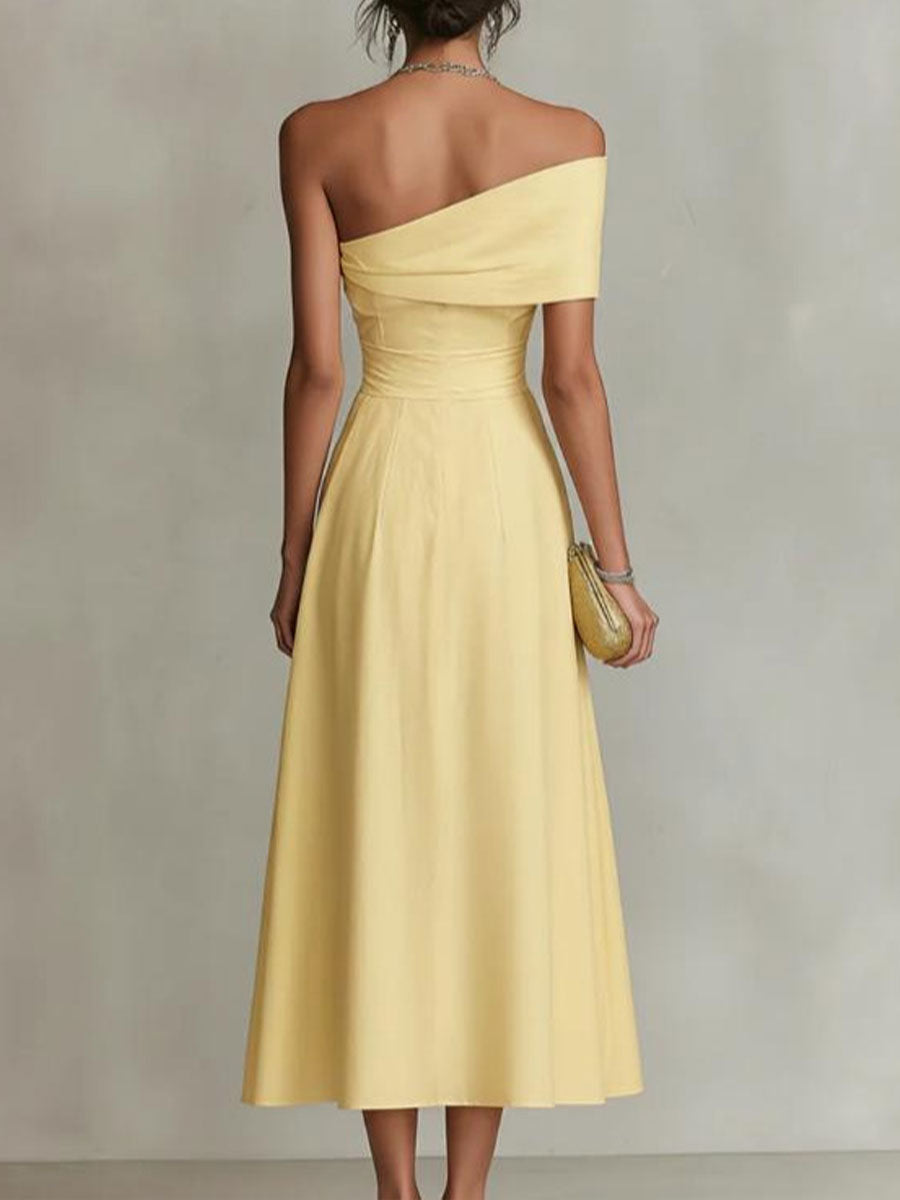 Nerea | Vestido Midi Off-Shoulder con Falda Evasé y Drapeado
