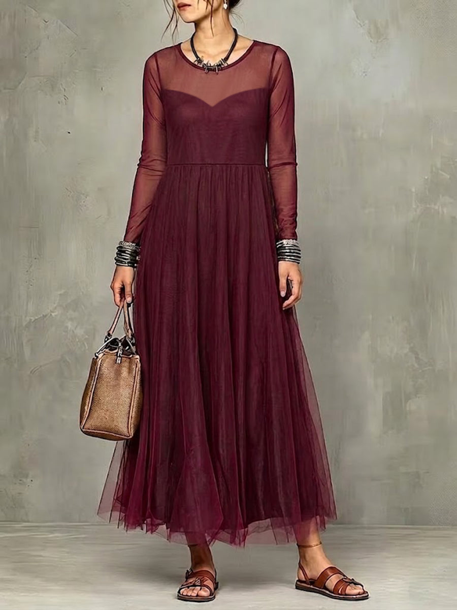 Nerea | Vestido Maxi en Capas con Tul Burdeos y Manga Transparente