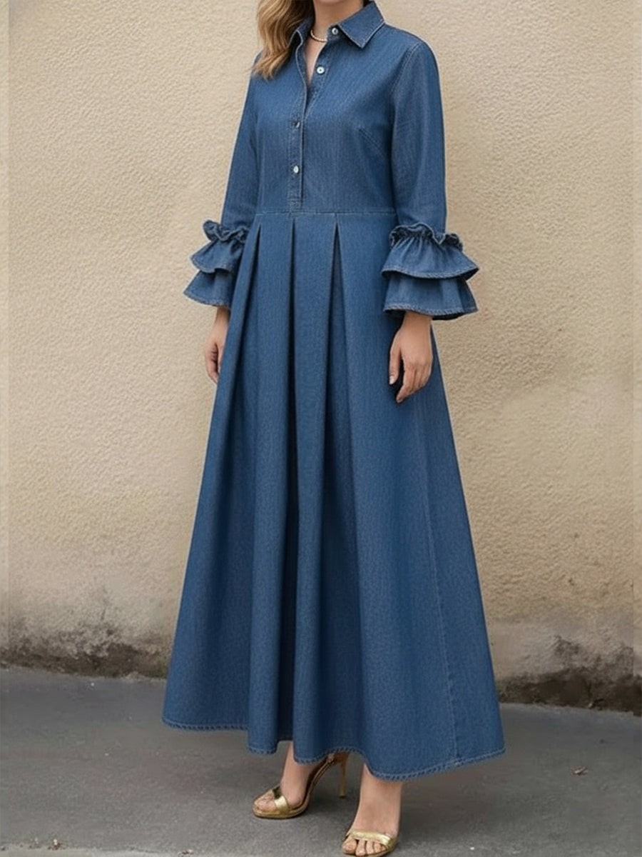 Lucía | Vestido Maxi Camisero con Manga Bufante y Falda Plisada