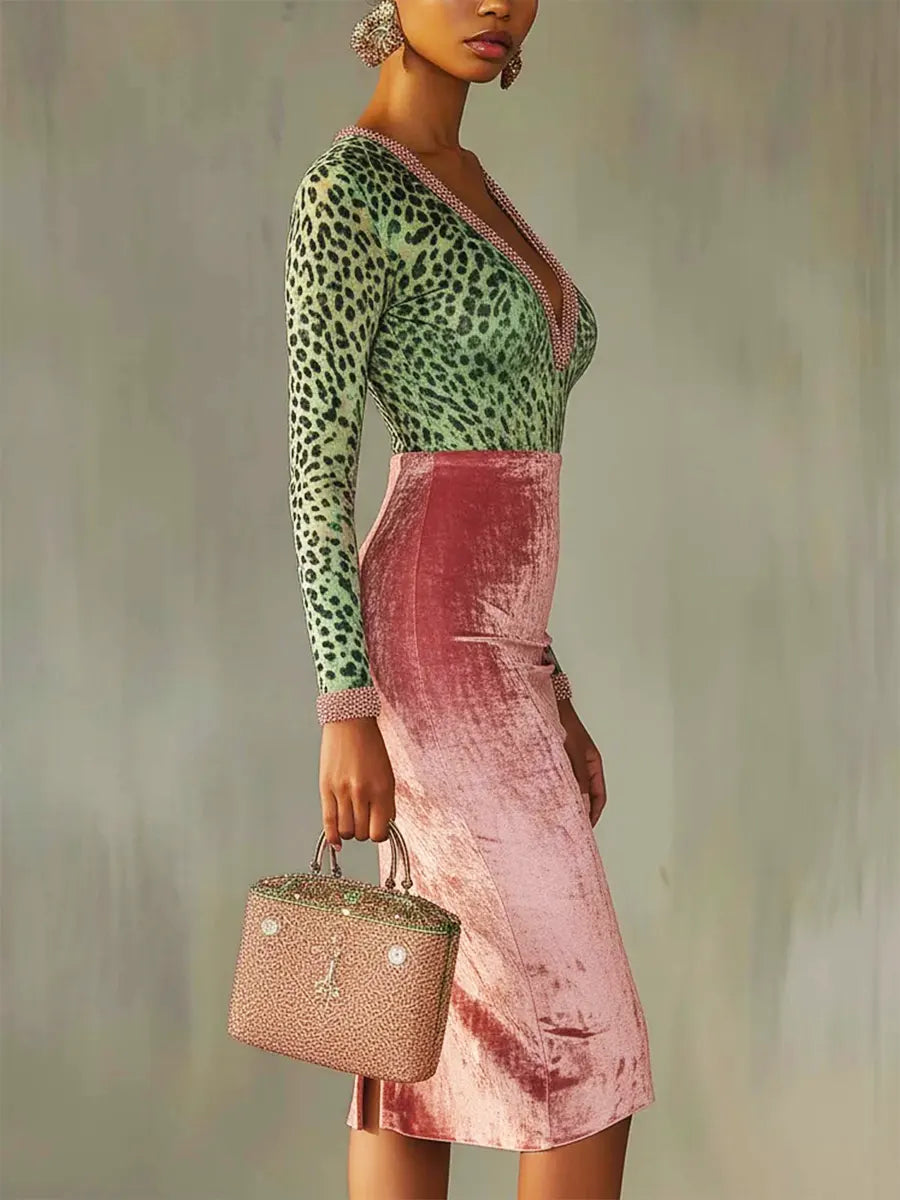 Adriana | Conjunto Midi Bicolor con Top Animal Print y Falda de Terciopelo