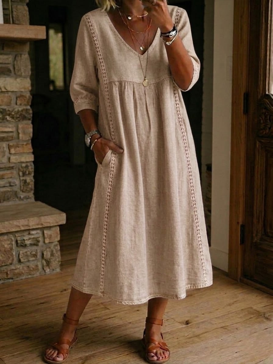 Elena | Vestido Midi de Lino con Escote V y Manga Tres Cuartos en Corte Trapecio