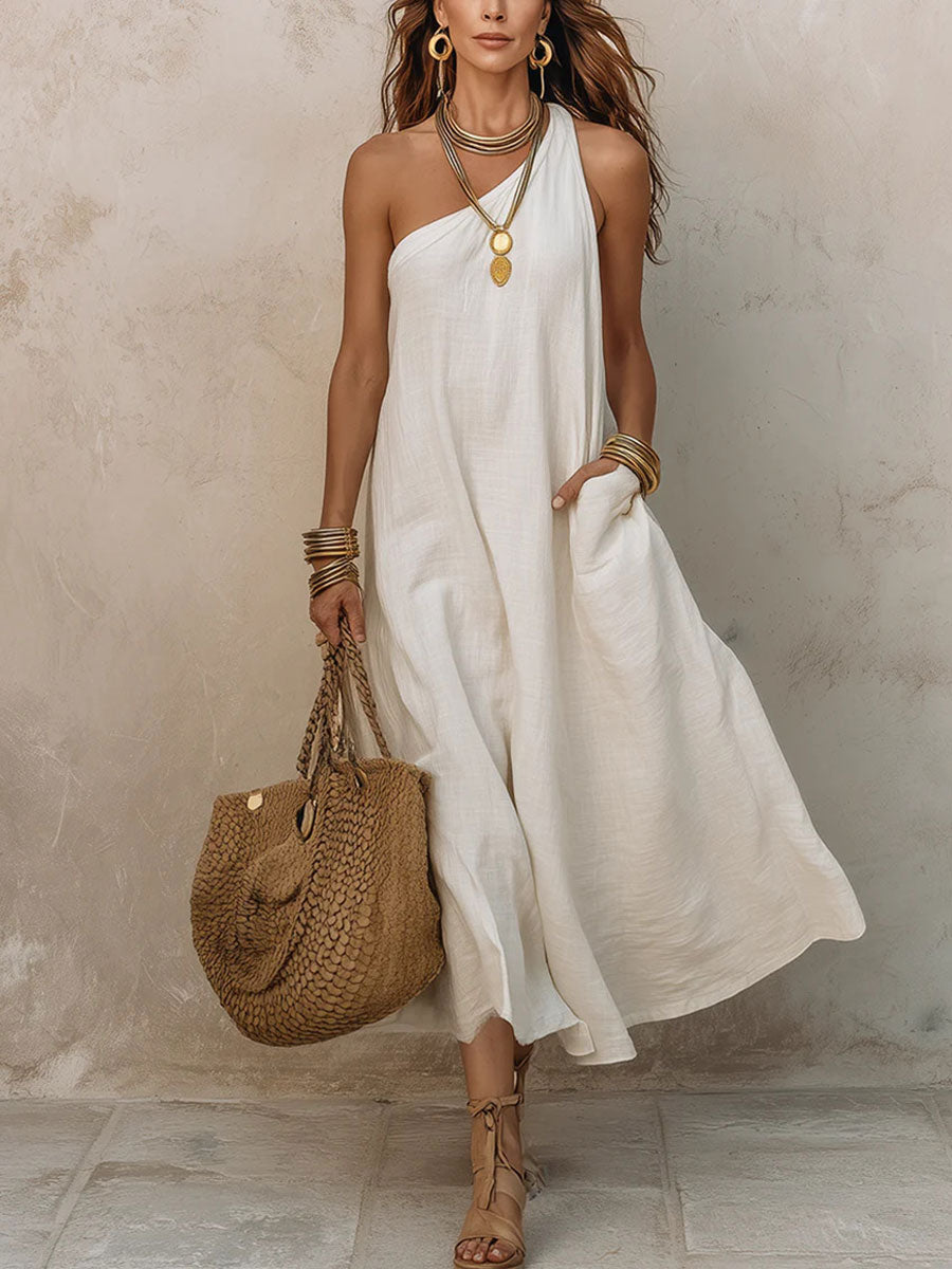 Sofía | Vestido Midi de Lino One-Shoulder con Bolsillos