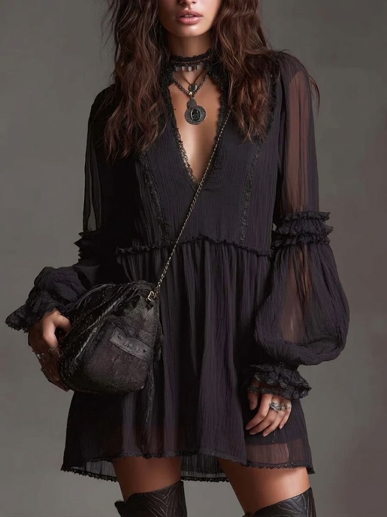 Sofía | Vestido Mini en Chiffon Negro con Manga Bufante y Escote en V